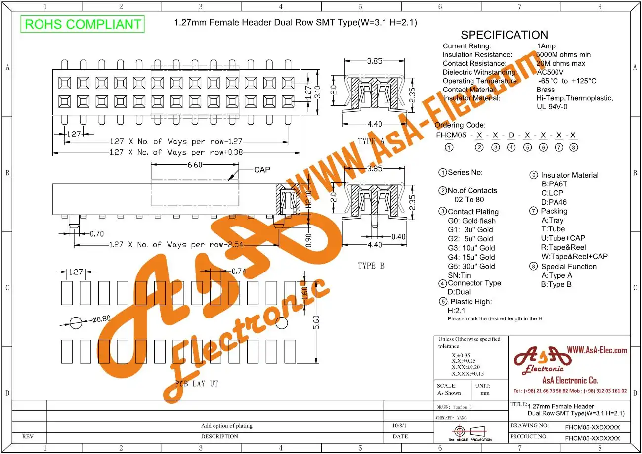 پین هدر 40*2 مادگی اتصال سطحی 1.27 میلیمتر SMD